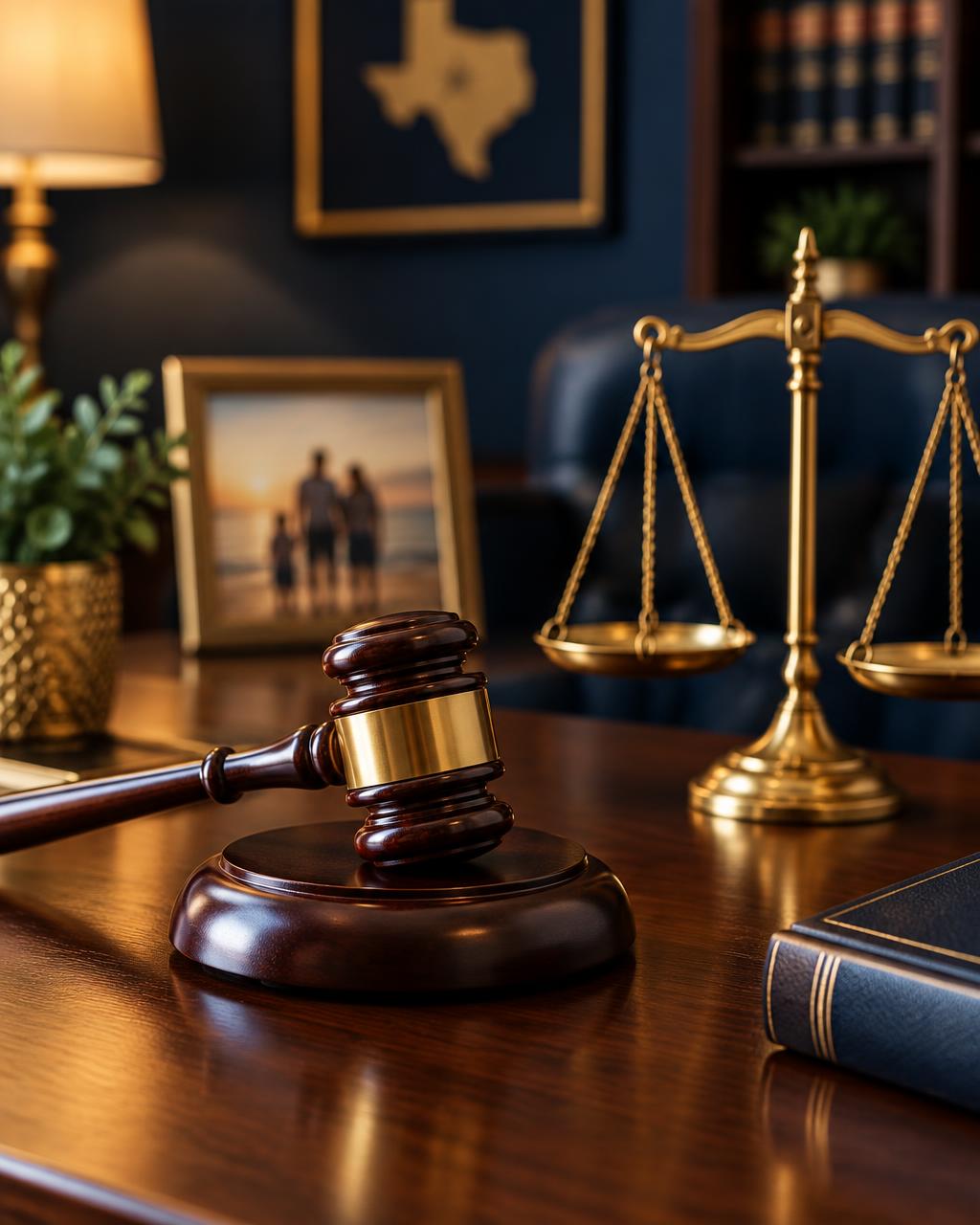 Gavel and scales of justice on a Texas family law attorney's desk